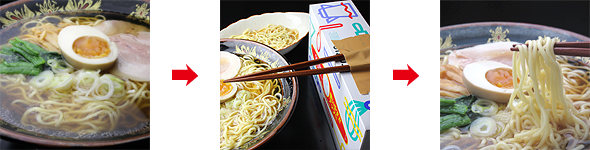 箸で麺を持ち上げているラーメンの写真